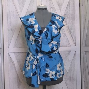 Yumi Kim Blue Floral Silk Wrap Around Belted Blouse Large